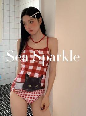 [Sea Sparkle]格子猫cookie清纯泳衣少女ins度假温泉连体显瘦泳衣