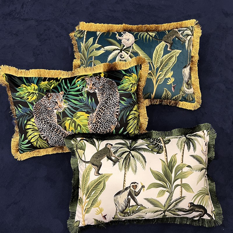 复古热带植物狐猴雪豹流苏单人沙发老虎椅靠垫抱枕腰枕软装设计
