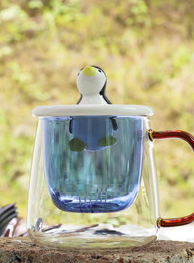 嘉乐先生 创意可爱个性杯子水杯茶杯玻璃杯陶瓷企鹅盖子过滤网