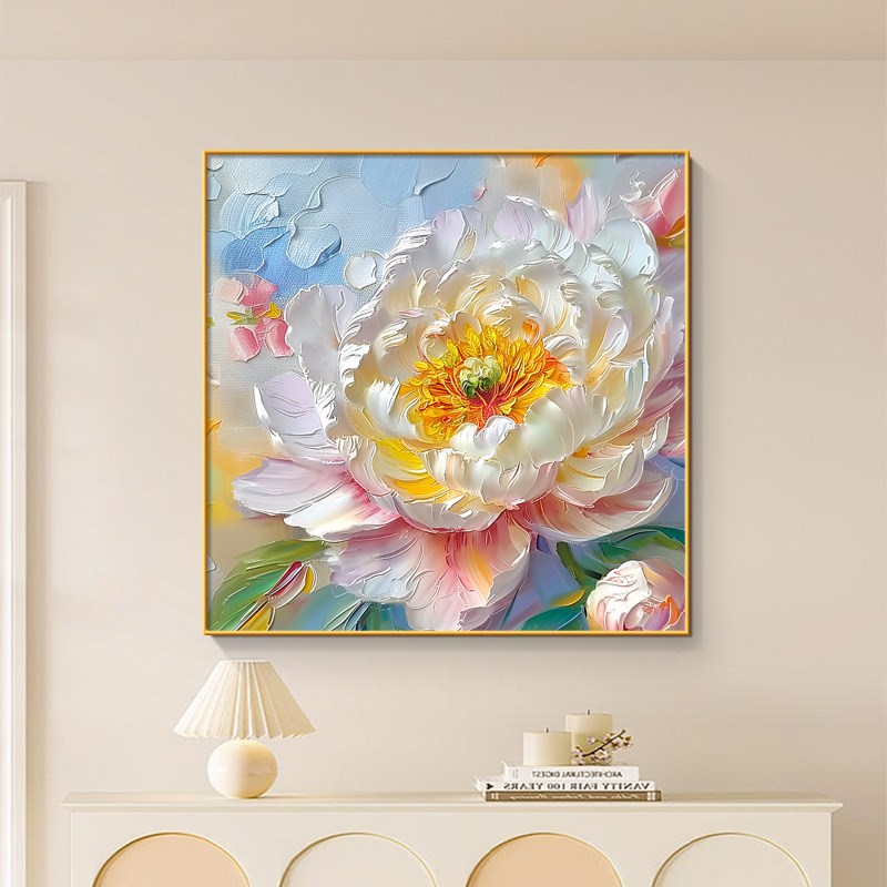 花开富贵奶油风入户进门玄关柜装饰画彩色牡丹花卧室客厅餐厅挂画图片