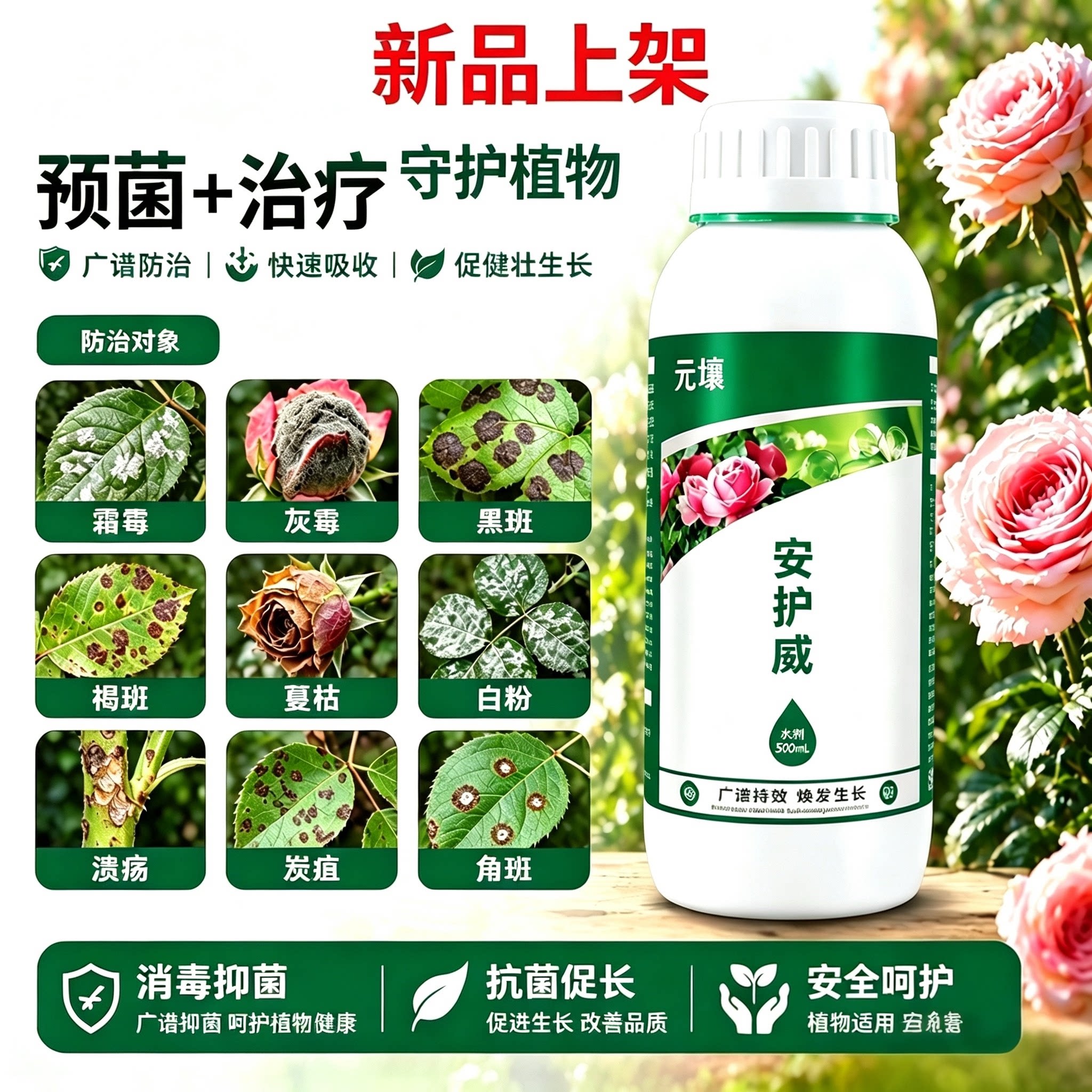 安护威预防治疗安全呵护月季花卉黑斑白粉角斑炭疽叶斑绣球铁线莲