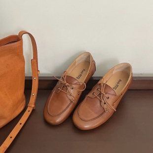 英伦风小皮鞋 Zachpeng复古系带头层牛皮乐福鞋 平底真皮手工女单鞋