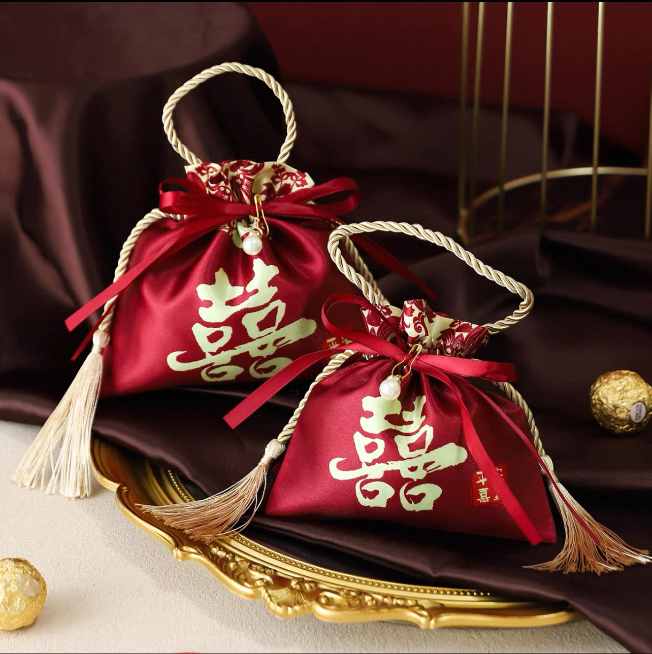 结婚喜糖袋子中式复古手提糖果免折叠包装袋绸缎糖袋子喜糖盒子