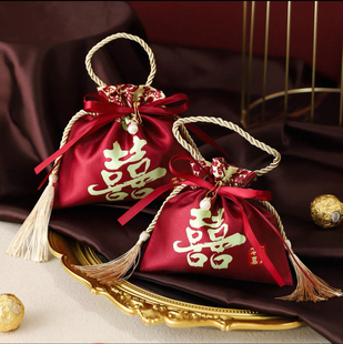 结婚喜糖袋子中式复古手提糖果免折叠包装袋绸缎糖袋子喜糖盒子