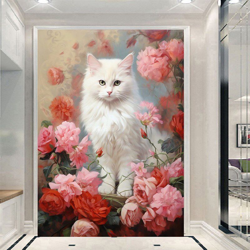 动物Y方钻满钻钻石画钻石绣粉色花卉白色猫咪三贴钻印花十字绣