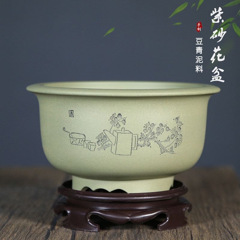 神力精品紫砂花盆豆青泥万象玉露多肉菖蒲姬虎耳草植物圆形盆