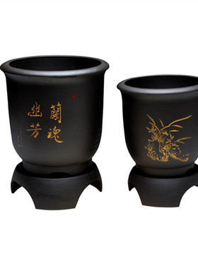 宜兴新款紫色黑色底座古典桌面光板紫砂君子兰 陶瓷大花盆带托