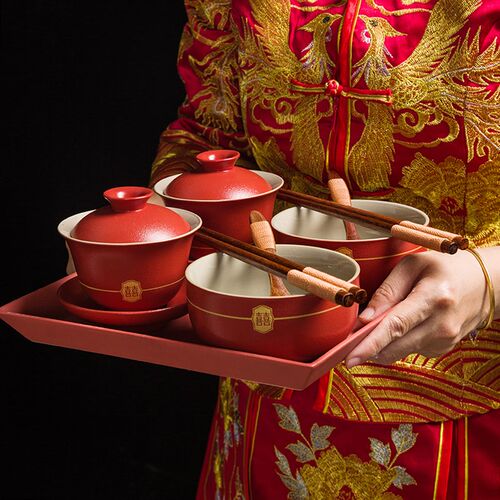 结婚敬茶杯喜碗对碗筷套装女方陪嫁送新人碗红色婚庆餐具新婚
