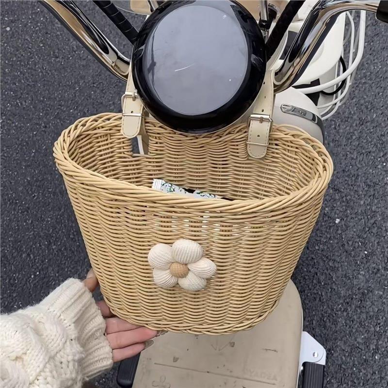 电动车挂篮前置挂物兜编织车筐篮子自行车通用买菜篮收纳装饰神器