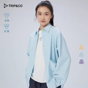 TRIP&CO新款泡泡纱翻领格子长袖衬衫男女美式复古休闲宽松情侣