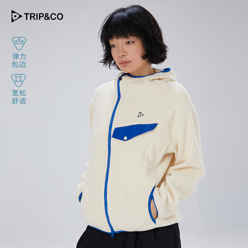 TRIP&CO2025新款男女同款复古休闲舒适宽松华夫格拉链开衫外套