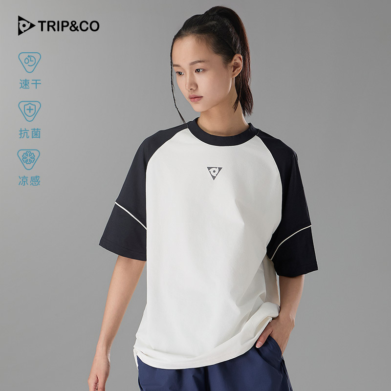 TRIP&CO户外透气速干抗菌短袖女运动休闲凉感圆领T恤夏简约拼色