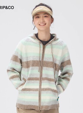 TRIP&CO抽绳连帽条纹针织开衫女秋季宽松百搭外穿毛衣上衣外套