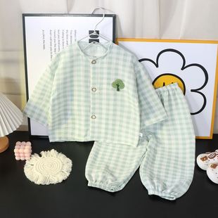 家居服宝宝夏季 开衫 卡通女童春夏儿童新款 套装 格子女孩睡衣 七分袖