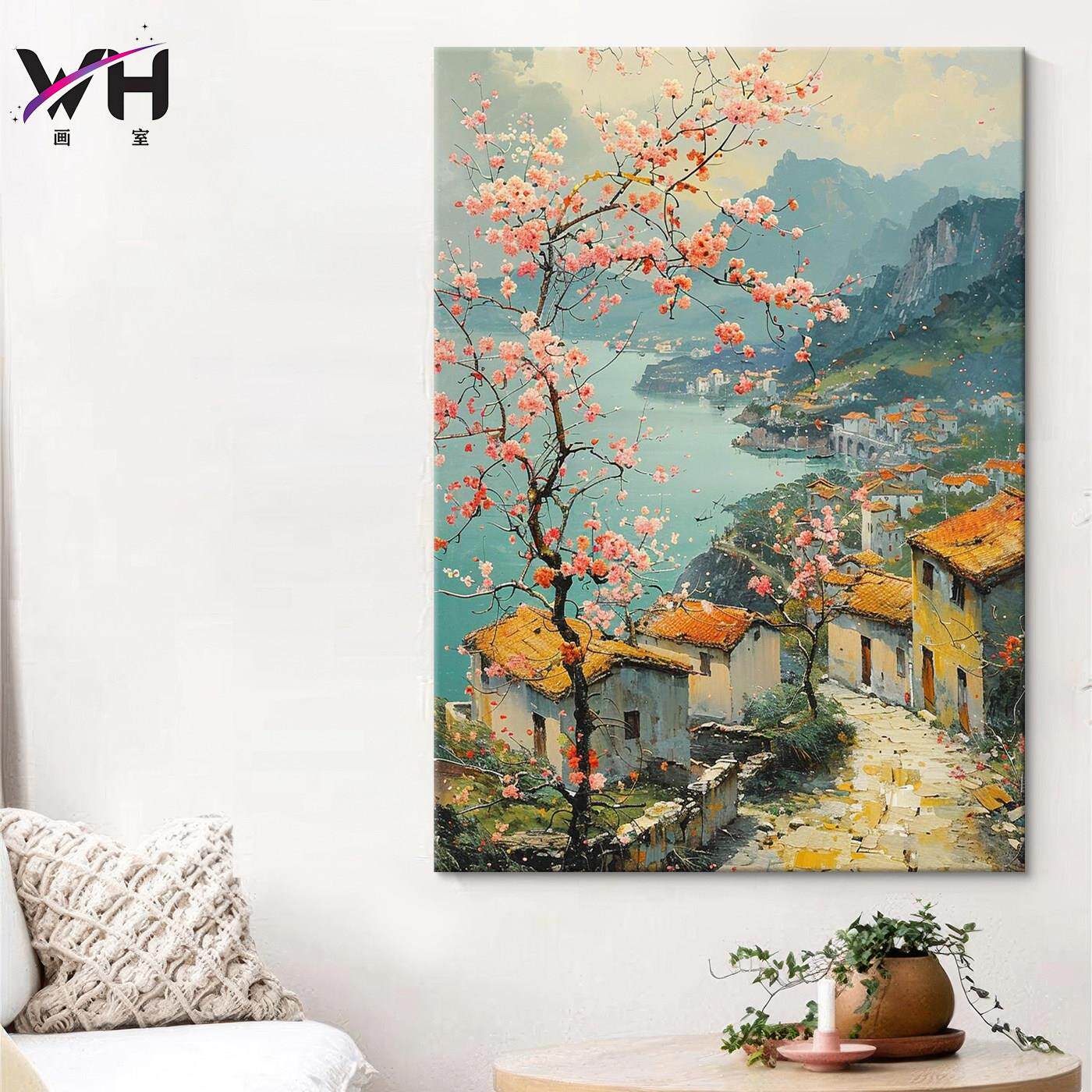中古风满园春色客厅玄关装饰画乡村山水风景挂画餐厅卧室手绘油画