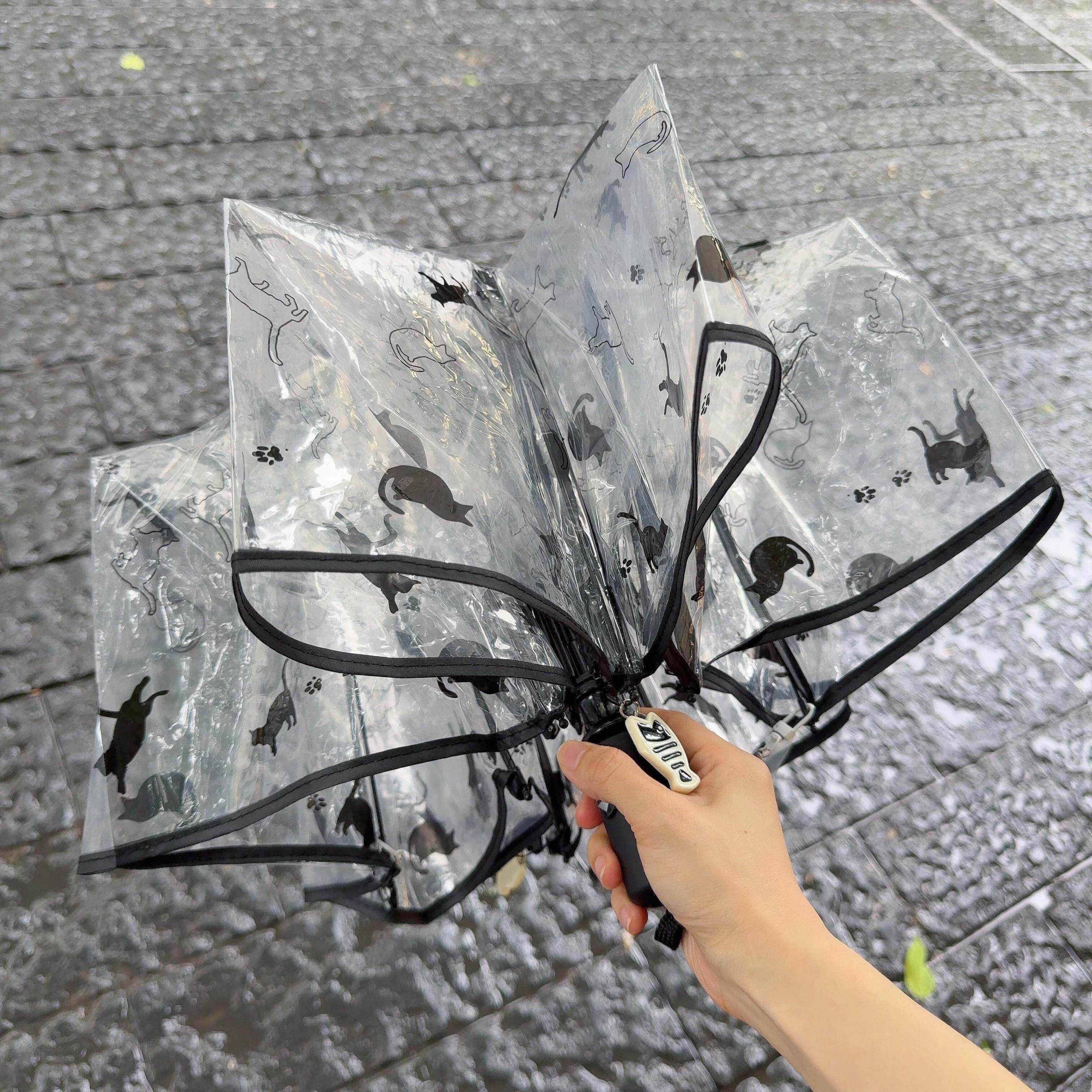 猫咪吊坠~日系小猫雨伞透明女生高颜值长柄可爱加厚折叠自动轻便