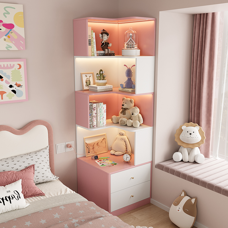 儿童房卧室床头柜书柜一体转角卡通书架女孩床边收纳储物柜小户型
