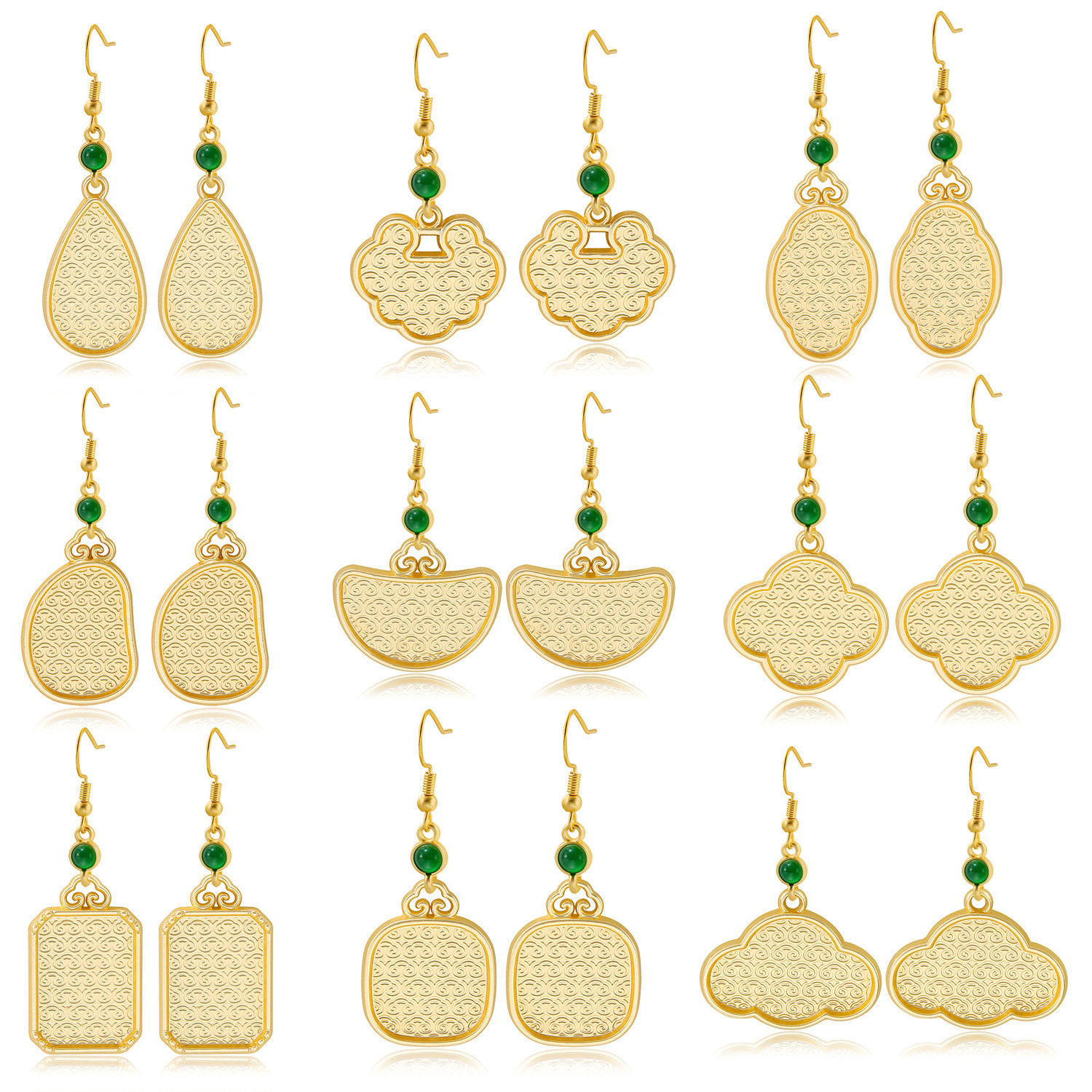 纤纤宋锦新中式宋锦耳环翠绿四瓣花耳钩底托哑金带盖掐丝贴布配饰