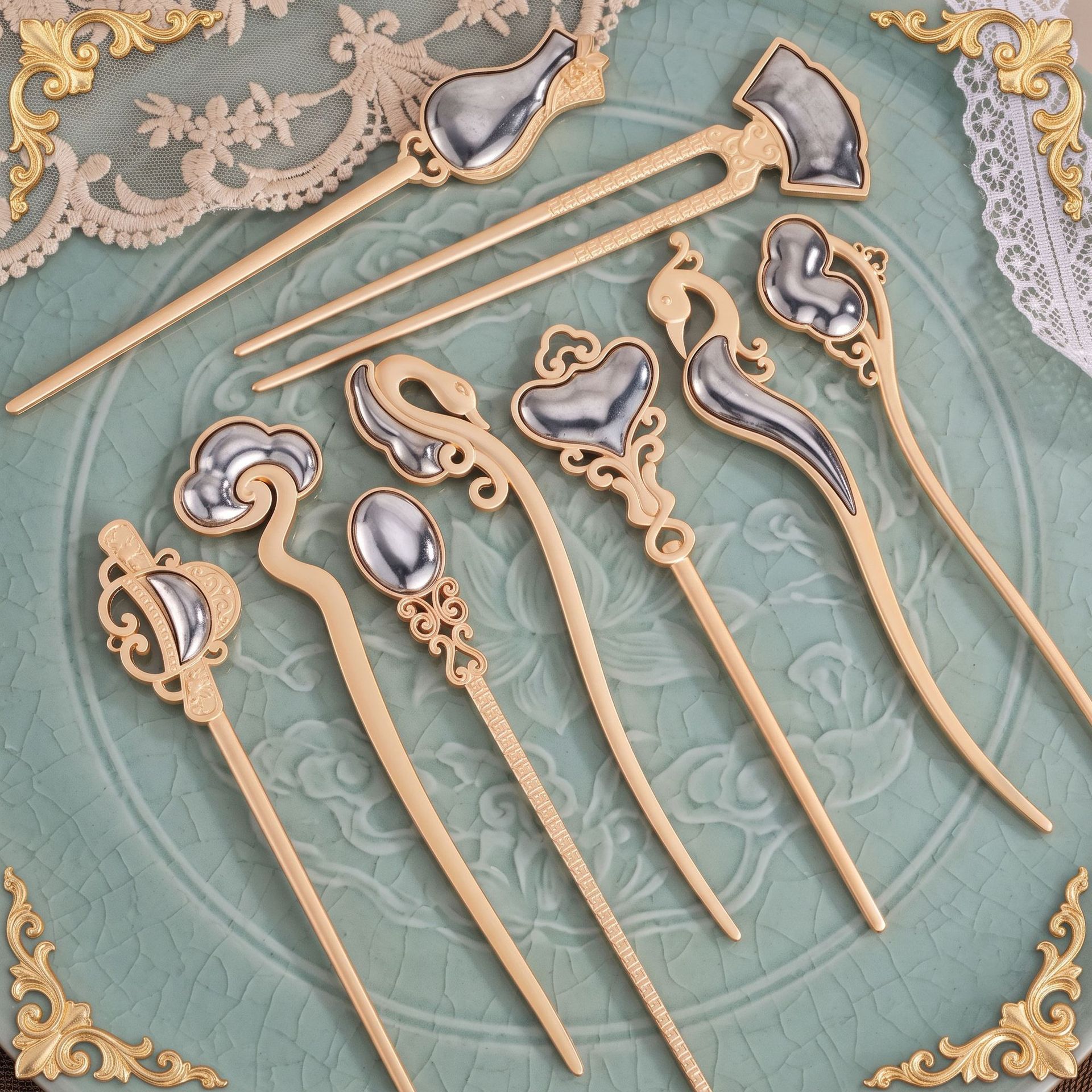纤纤手工diy长款发簪底托  宋锦蓝染螺钿刺绣底胚新中式饰品配件图片