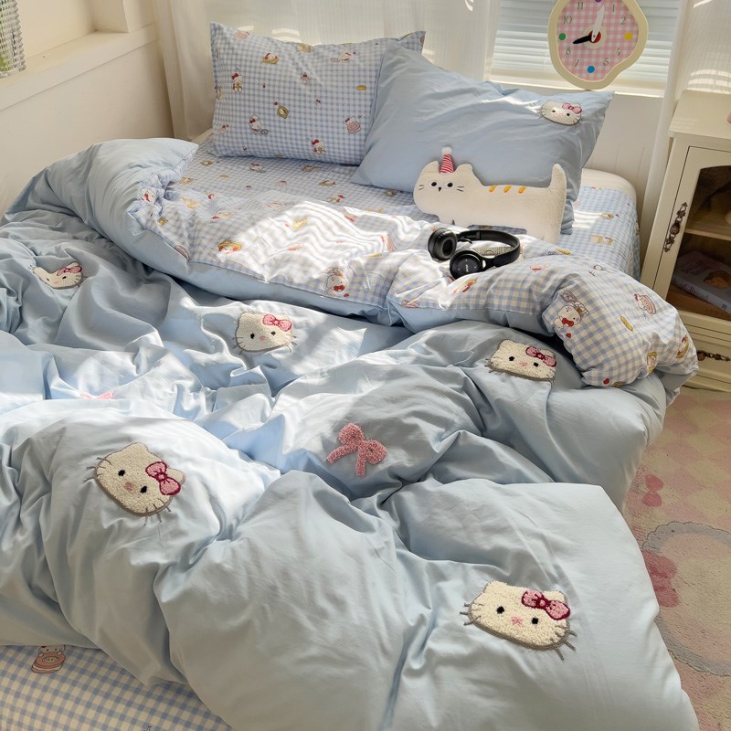 ins卡通kt猫毛巾绣被套床上四件套少女心被罩床单宿舍单人三件套4