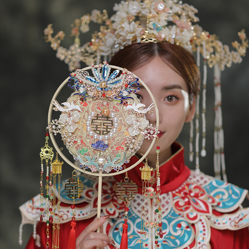 明汉服团扇 材包中式秀禾服新娘结婚喜扇成品古风宫扇