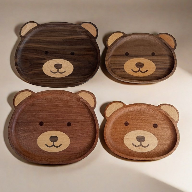 整木黑胡桃实木i卡通熊托盘甜品盘子日式可爱点心盘家用儿童早餐