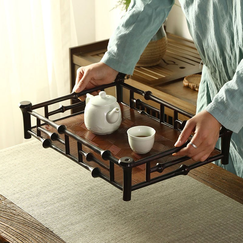 筇竹回纹席面茶干炮台家居两用茶台漆茶盘茶具收纳盘茶杯架