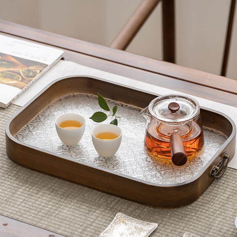 日式茶盘家用托盘客厅桌面水杯收纳盘长方形复古海棠花下午茶餐盘