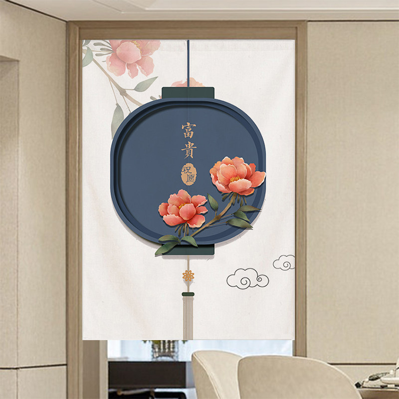 中式门帘帘厨房棉麻短帘遮挡窥厕所玄关布帘免打孔