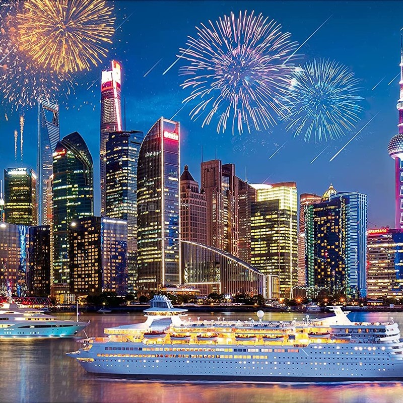 方钻满钻钻石画上海黄浦江东方明珠烟花夜景贴钻印花十字绣
