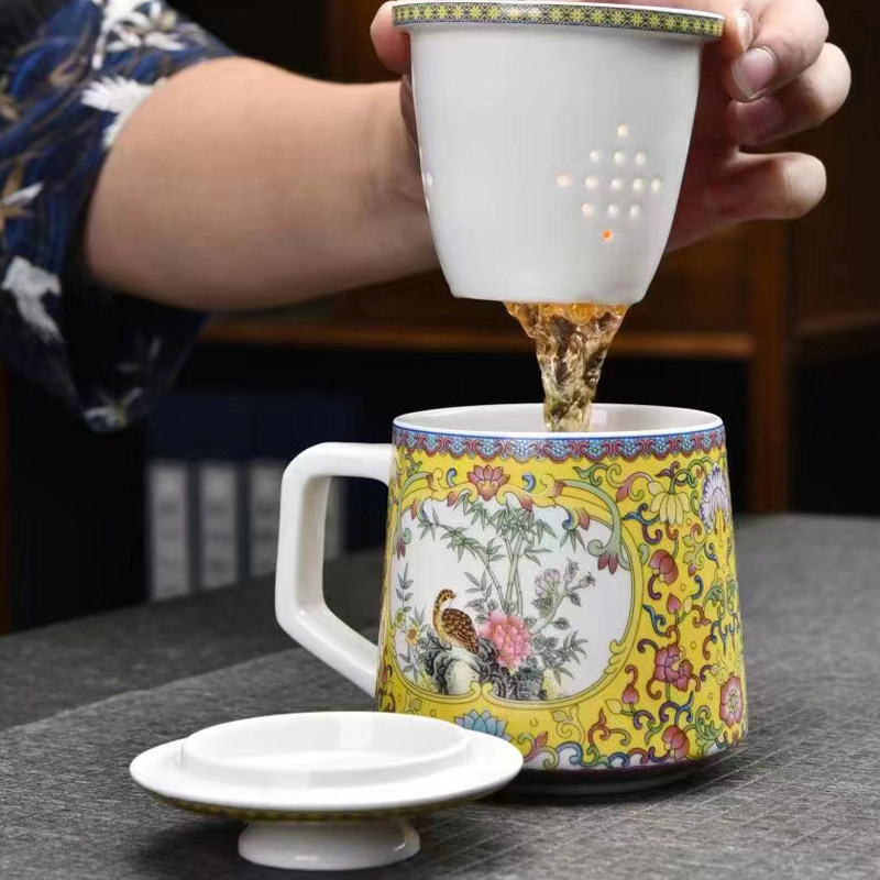 青花瓷珐琅彩室杯女士杯盖过滤个人杯