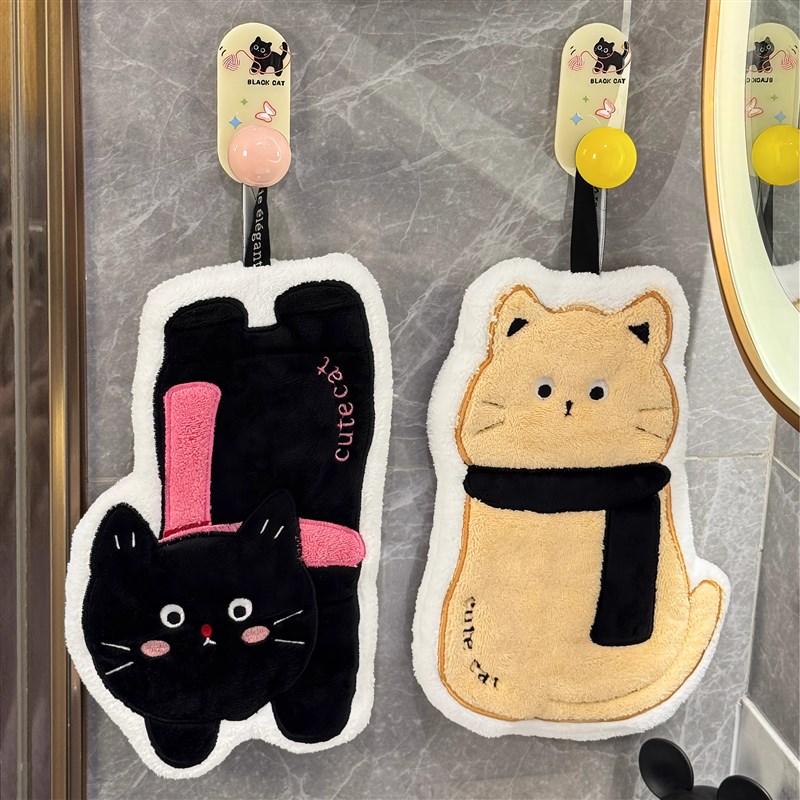 猫咪擦手巾挂式可爱吸水珊瑚绒厨房卫生间速干擦手毛巾加厚抹布帕
