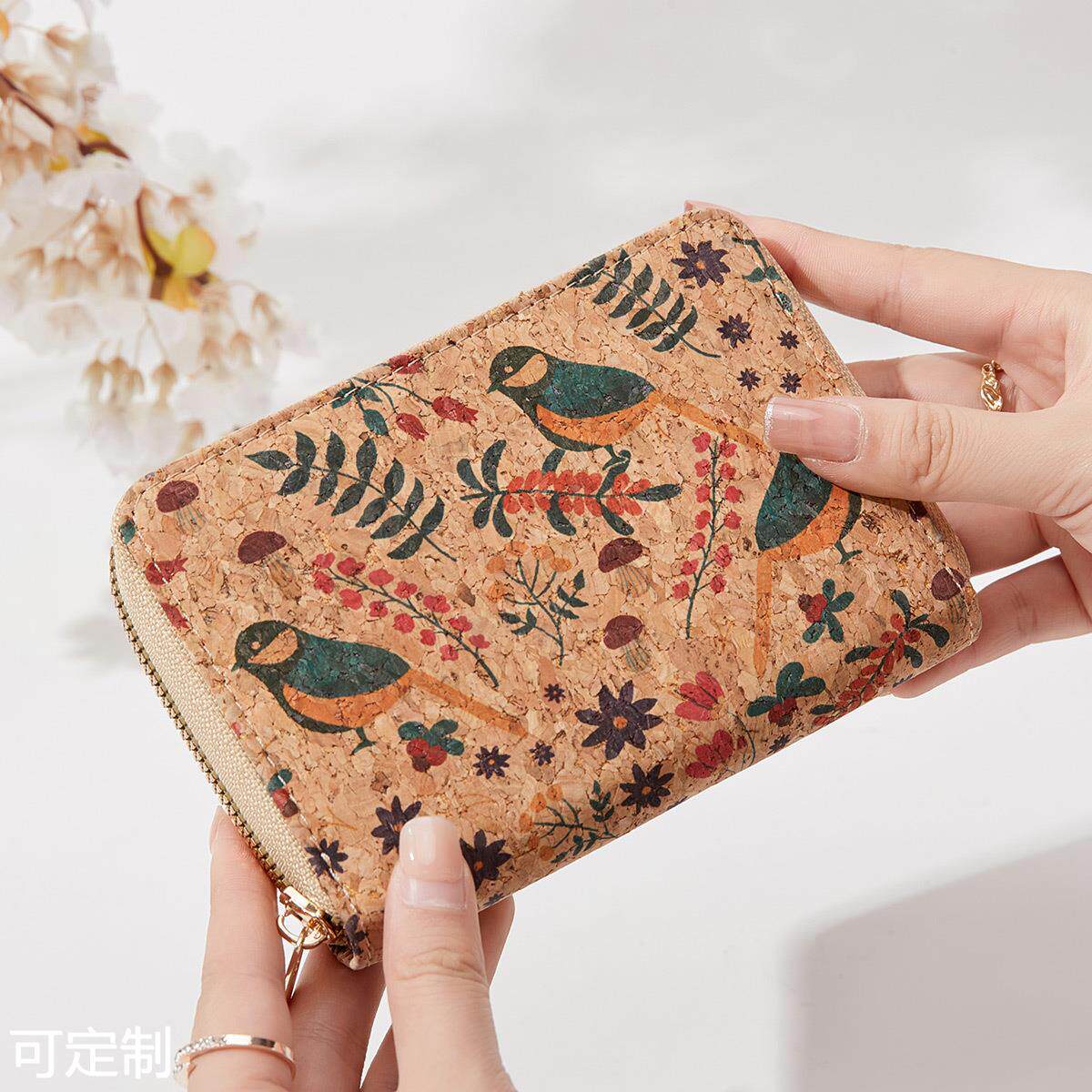 2025新款e女士短款钱包复古文艺个性卡包印花设计木纹大容量零钱