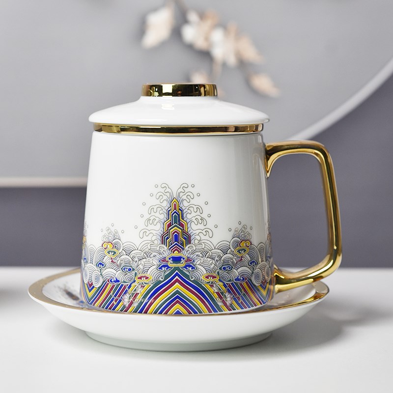 臻弘茶杯鎏金珐琅彩杯杯茶分离陶瓷杯盖情侣马克杯