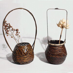 冰竹 手工竹编竹花器家居装饰花篮复古花器竹质工艺手提篮