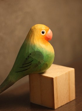 鹿妖商店 肥啾木雕小鸟 绿牡丹鹦鹉 黄桃牡丹鹦鹉 纯手工实木摆件