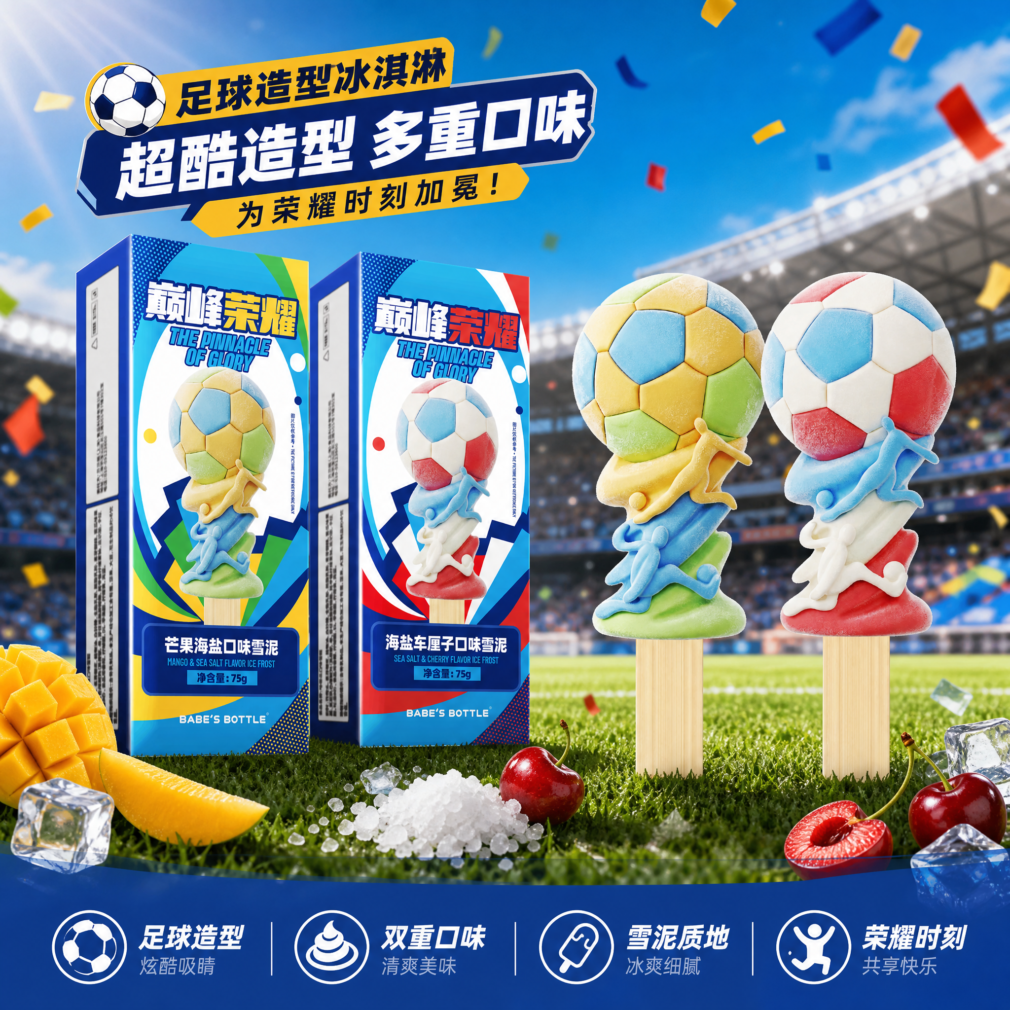 【2026世界杯】贝贝瓶足球造型冰淇淋海盐车厘子芒果味雪泥冰激凌