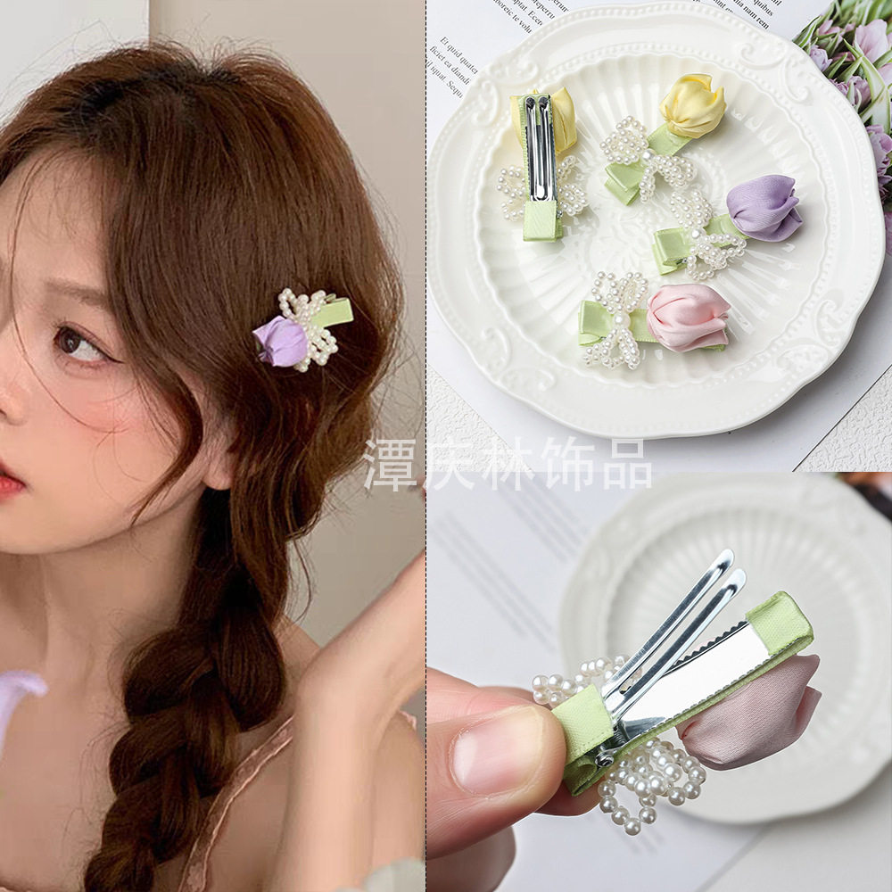 郁金香发夹立体花朵ins百搭珍珠可爱花花日常边夹新款鸭嘴夹发饰