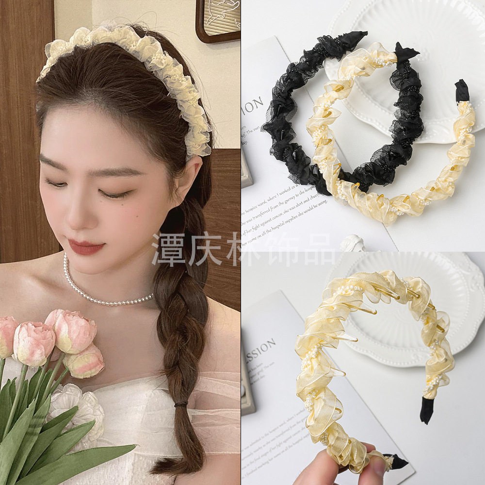 黑色轻奢芭蕾网纱发箍女带齿防滑缠绕发卡高颅顶外戴珍珠洗脸头箍