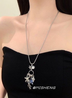 韩系蓝色海星海螺贝壳项链耳环女