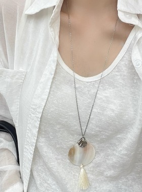 韩系简约圆形贝壳流苏吊坠项链轻奢时尚设计感贝壳颈链通勤耳饰女