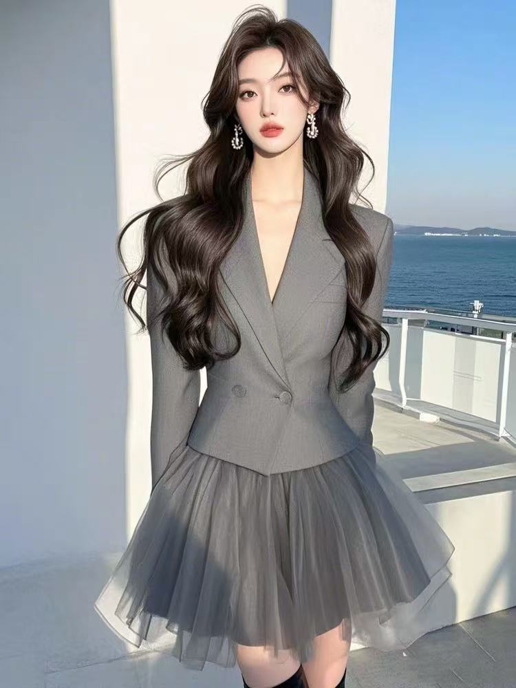 欧阿玛施女装专柜正品2025夏新款小香风西装外套网纱裙套装两件套