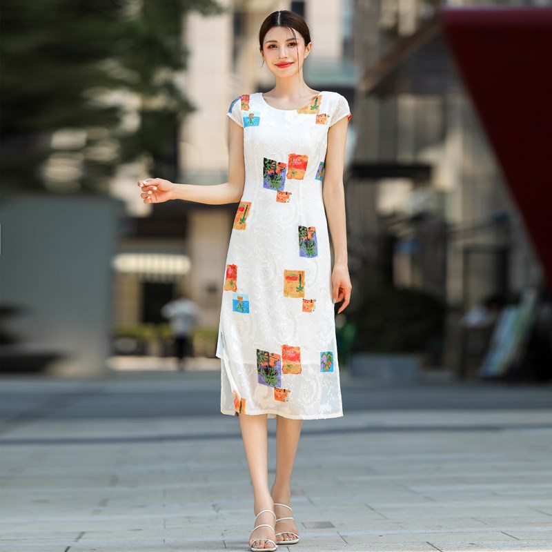 中长连衣裙女2023夏气质包臀收腰显瘦雪纺开叉复古改良版旗袍裙子