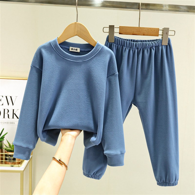 儿童德绒家居服套装冬季宽松圆领加绒睡衣男女孩加厚外穿打底套装