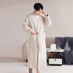 半边绒睡袍男士睡衣秋冬季加绒保暖高级感长款提花珊瑚绒家居服