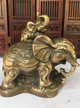 仿古收藏纯铜大象摆件一对铜子母大象葫芦大象家居店铺工艺品摆设