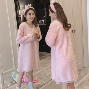 珊瑚绒睡衣女冬天甜美可爱毛绒绒蝴蝶结加绒加厚保暖樱桃绒家居服