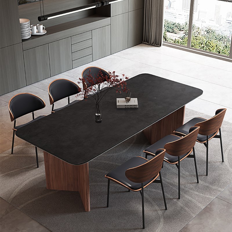 实木岩板餐桌胡桃色意式简约全托长方形小户型复古诧寂黑色岩板桌