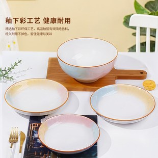 釉下彩特别好看的盘子in风高级感轻奢深口菜盘家用陶瓷碟子碗汤碗