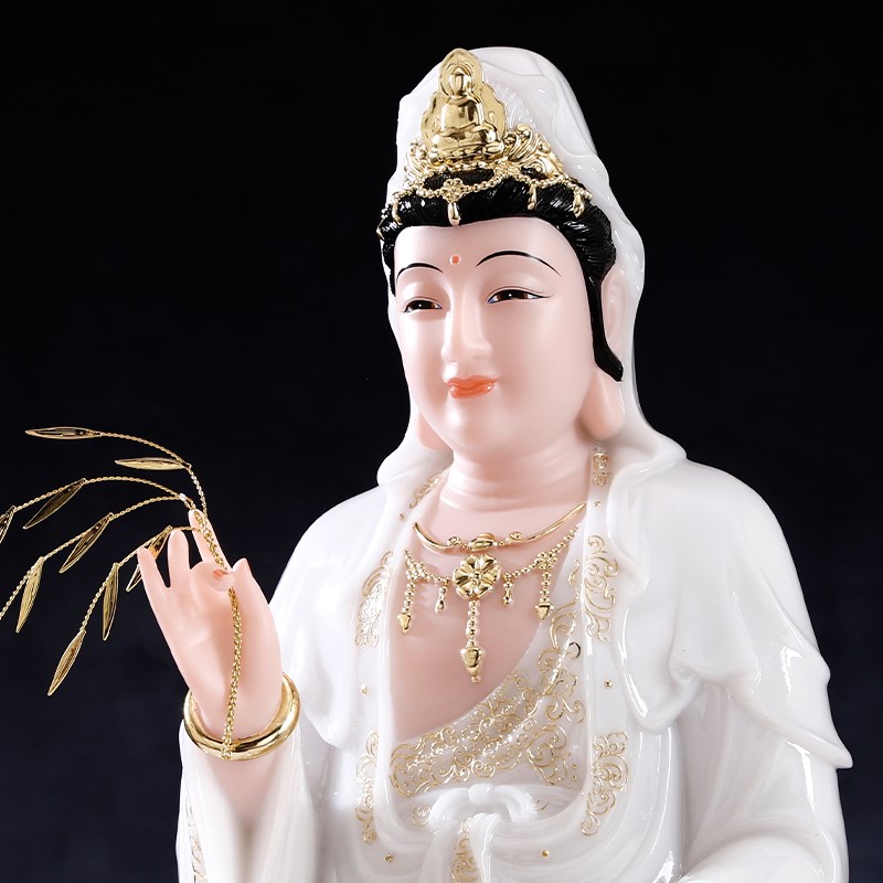 观音菩萨家用供奉摆件汉白玉佛像南海观世音地藏王菩萨描金坐莲像